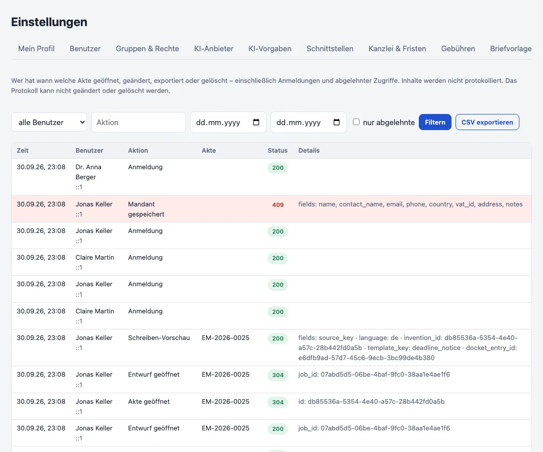 Das Audit-Log, gefiltert nach Person und Datum