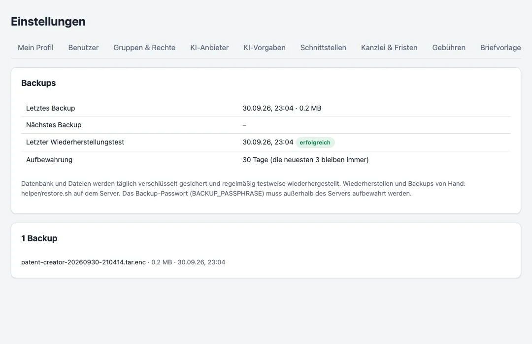 Der Backup-Status mit dem letzten Backup und dem letzten Wiederherstellungstest