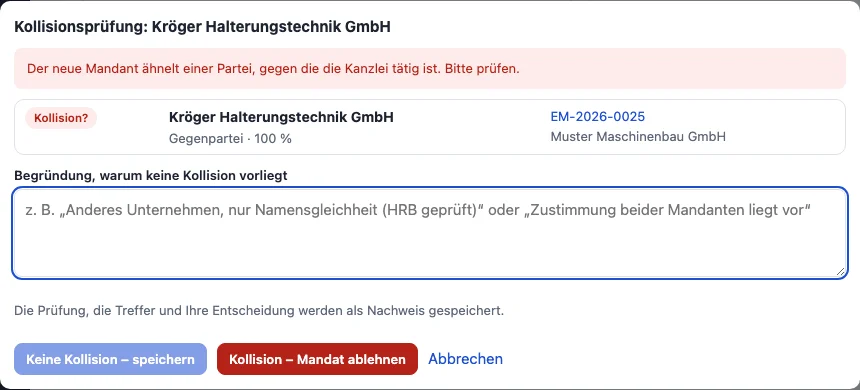 Eine Kollisionsprüfung mit einem Treffer, der eine Entscheidung braucht