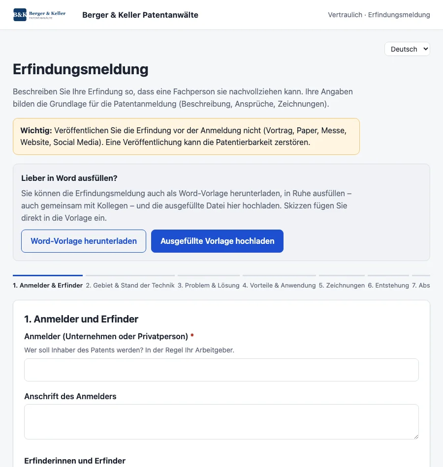 Das Meldeformular, eingebettet in eine Kanzlei-Website
