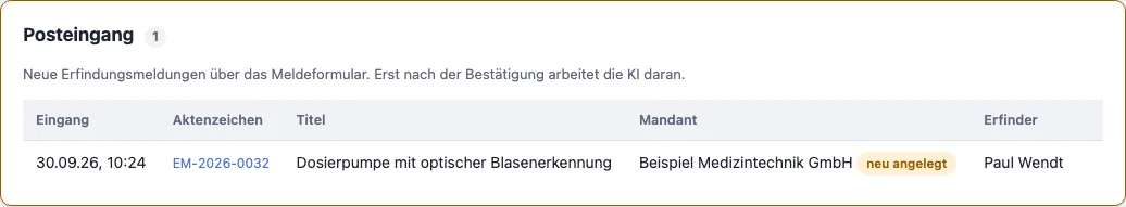 Der Posteingang mit neuen Erfindungsmeldungen zur Bestätigung