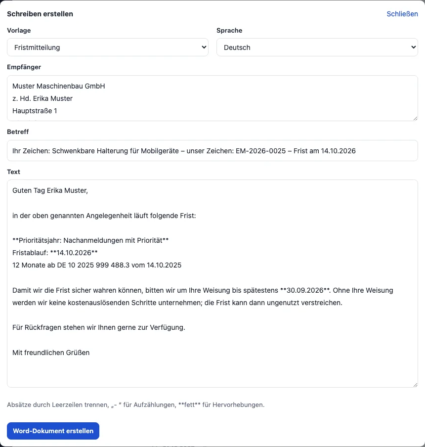 Eine Fristmitteilung aus einer Vorlage, bevor sie als Word-Brief erstellt wird