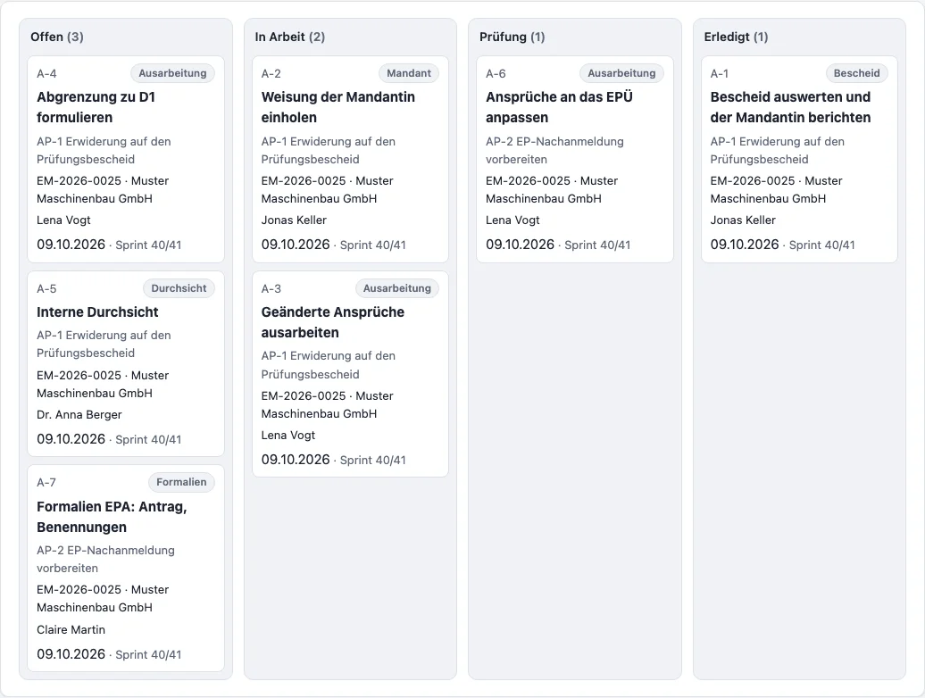 Das Planungs-Board mit Aufgaben nach Status, Arbeitspaket, Akte und Fälligkeit