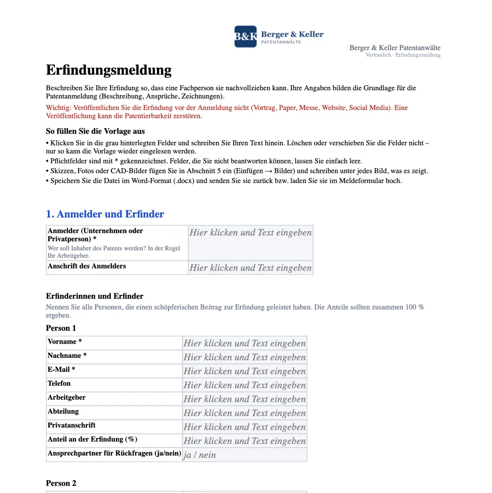 Die Word-Vorlage mit denselben Fragen wie das Formular