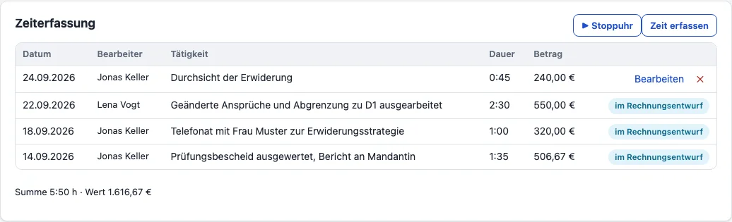 Die Zeiterfassung einer Akte mit laufender Stoppuhr