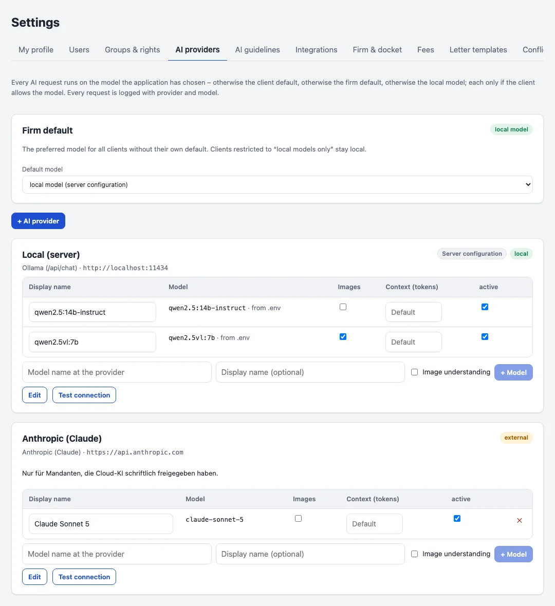 The AI providers page with the local model on the firm's server