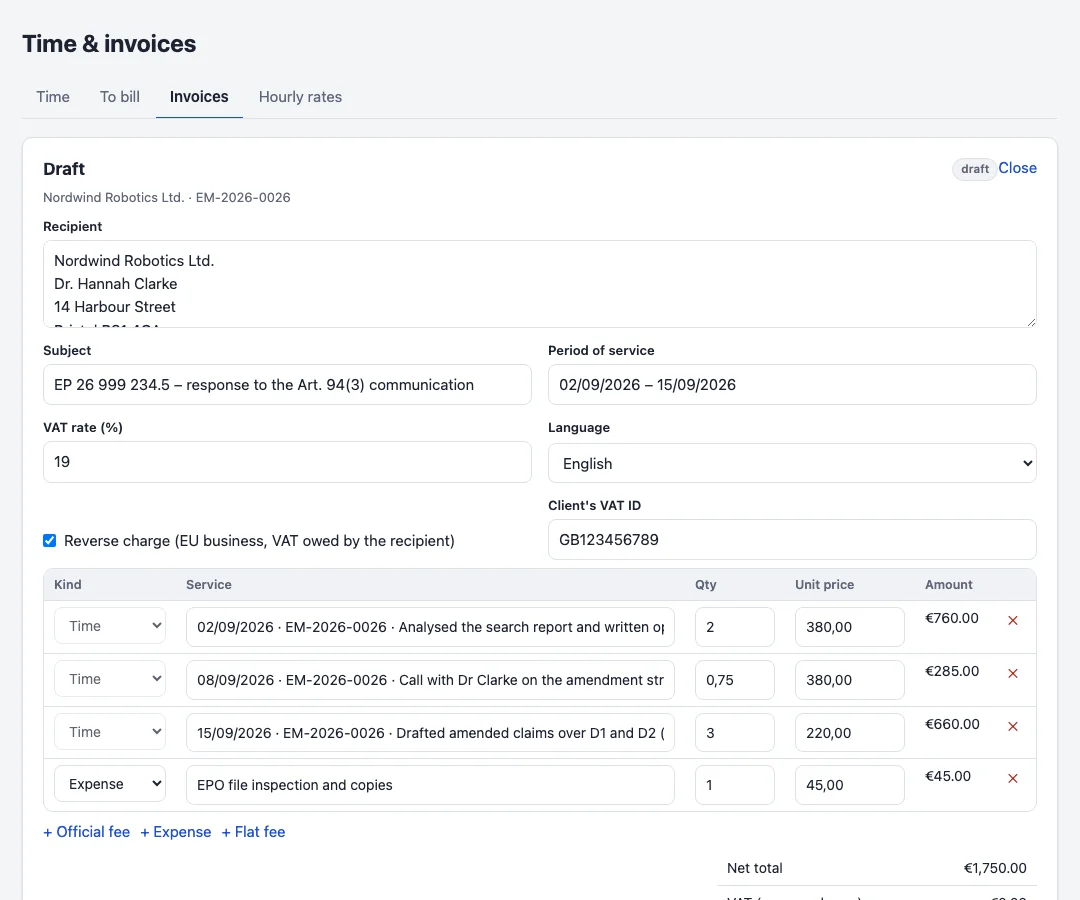 An invoice draft with time entries, an official fee and the totals