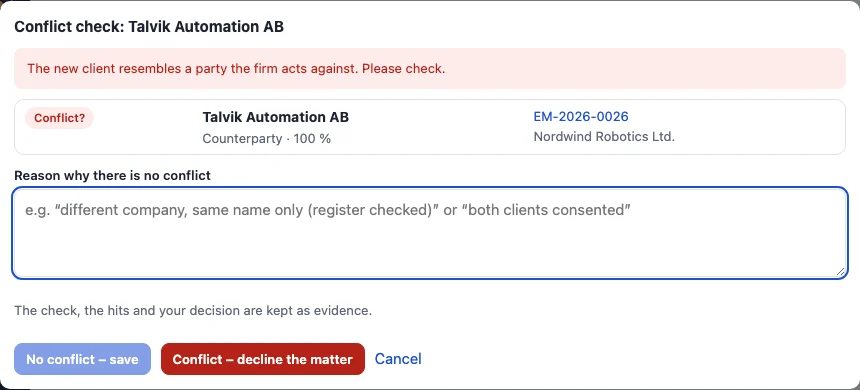 A conflict check with a hit that needs a decision