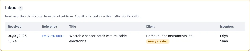 The inbox with submissions to confirm