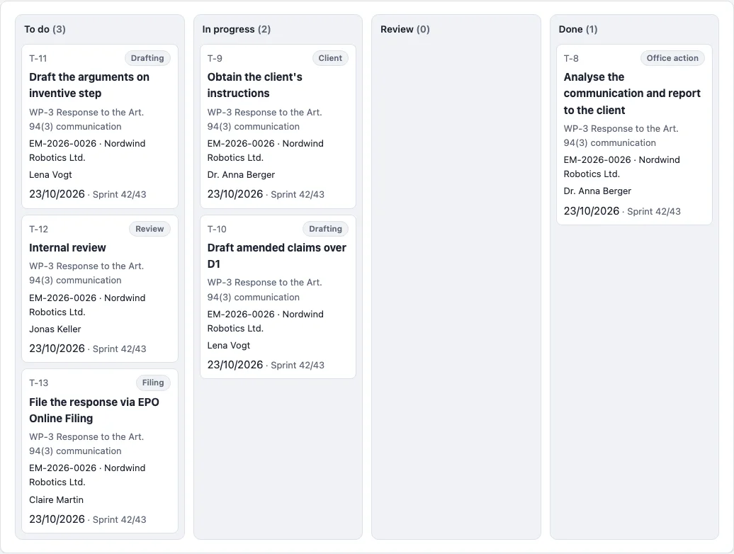 The planning board with tasks by status, work package, file and due date