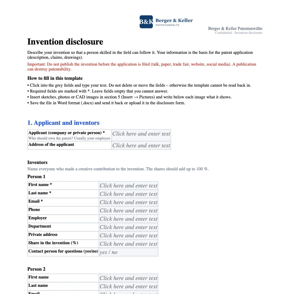 The Word template with the same questions as the form