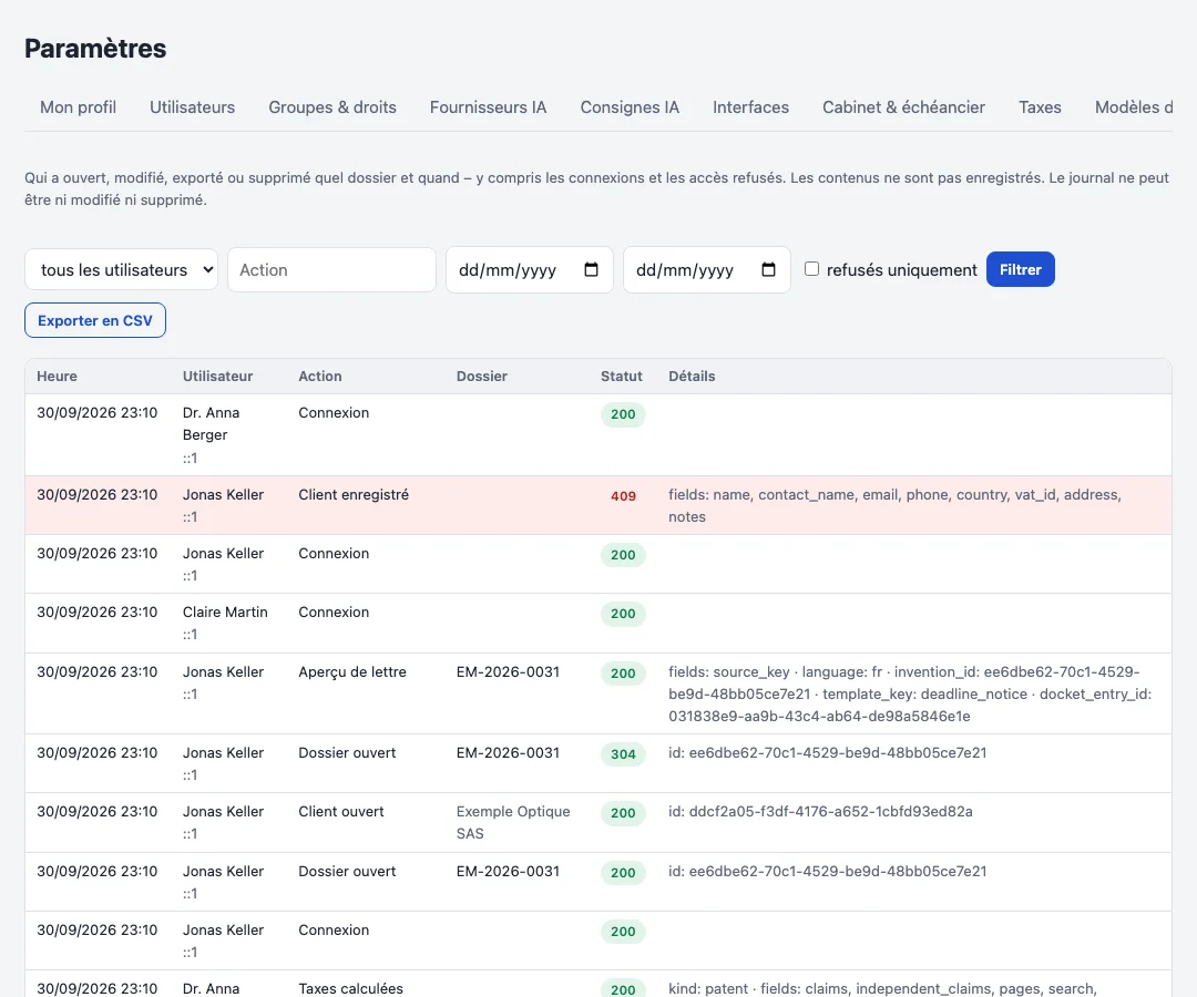Le journal d’audit filtré par personne et par date