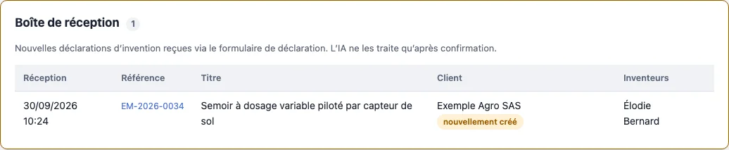 La boîte de réception avec des déclarations à confirmer