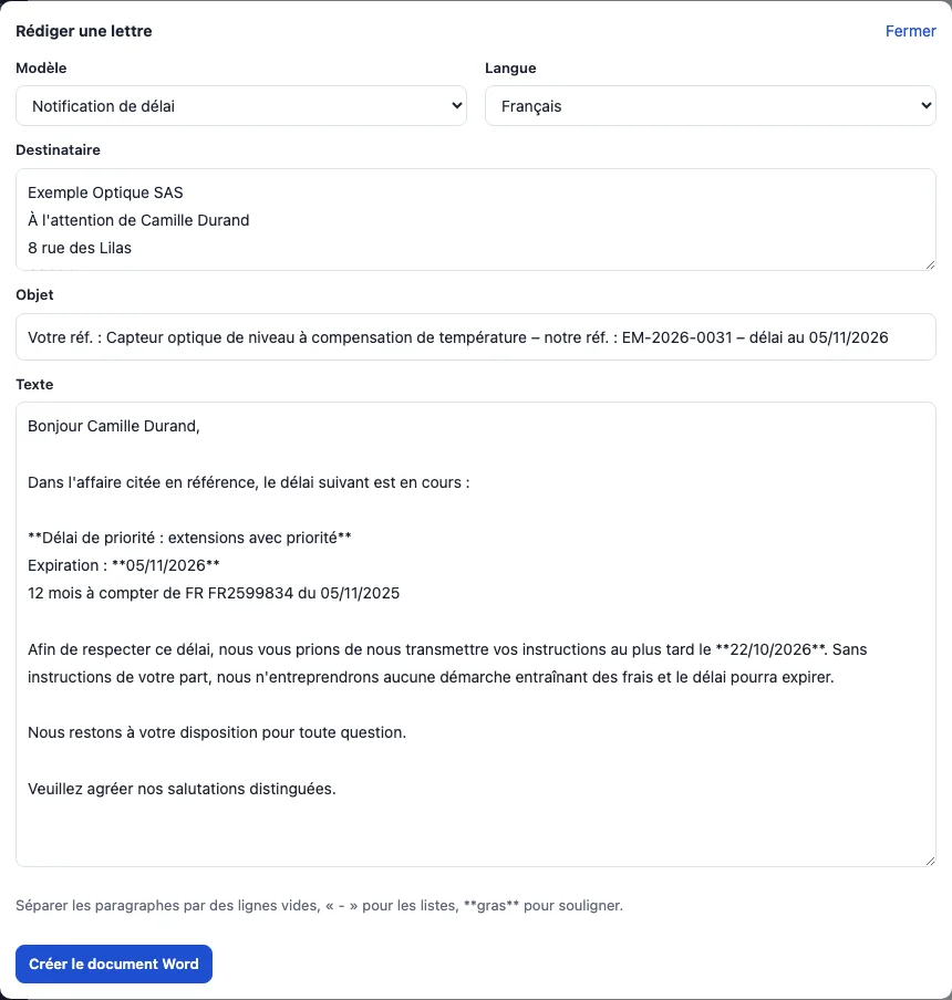 Une notification de délai rédigée à partir d’un modèle, avant sa création en lettre Word